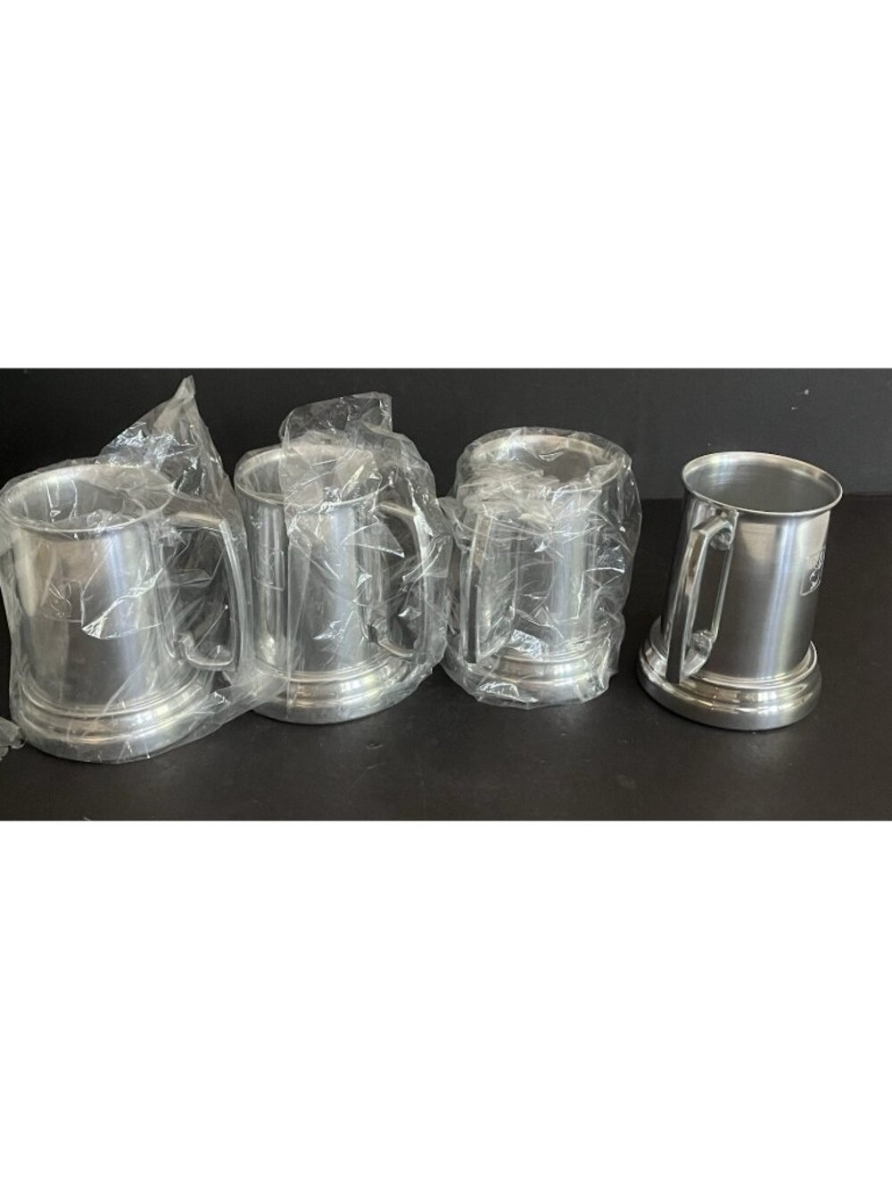 Playboy Bunny Aluminum Beer Mugs Glass Bottom Set 4 Vintage Tankard Cups Boxed